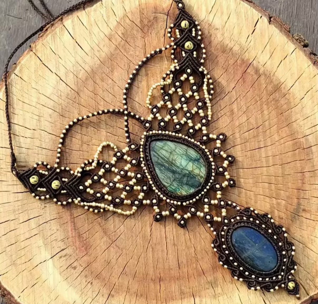 Makramé choker nyaklánc labradorit és lápisz
