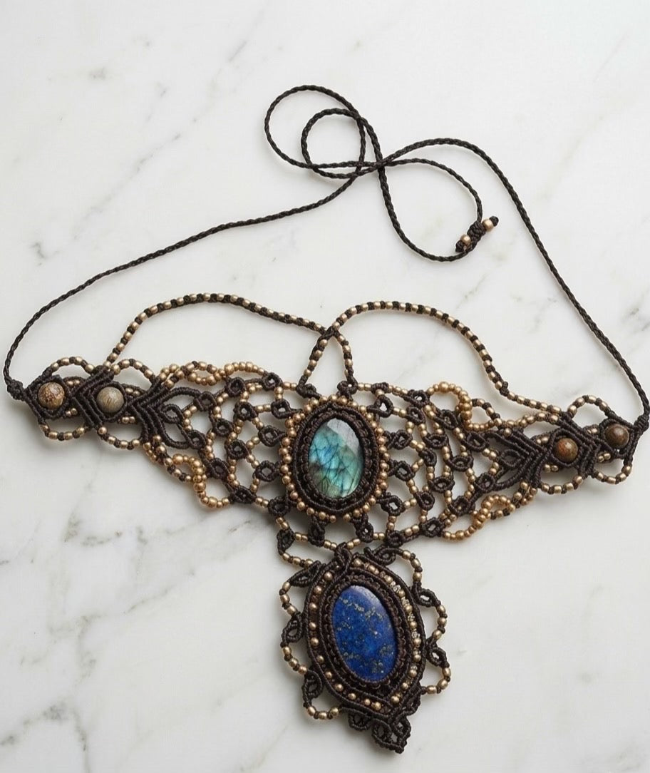 Makramé choker nyaklánc labradorit és lápisz